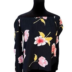 Billabong elastic neck/off the shoulder, black floral top women's size S